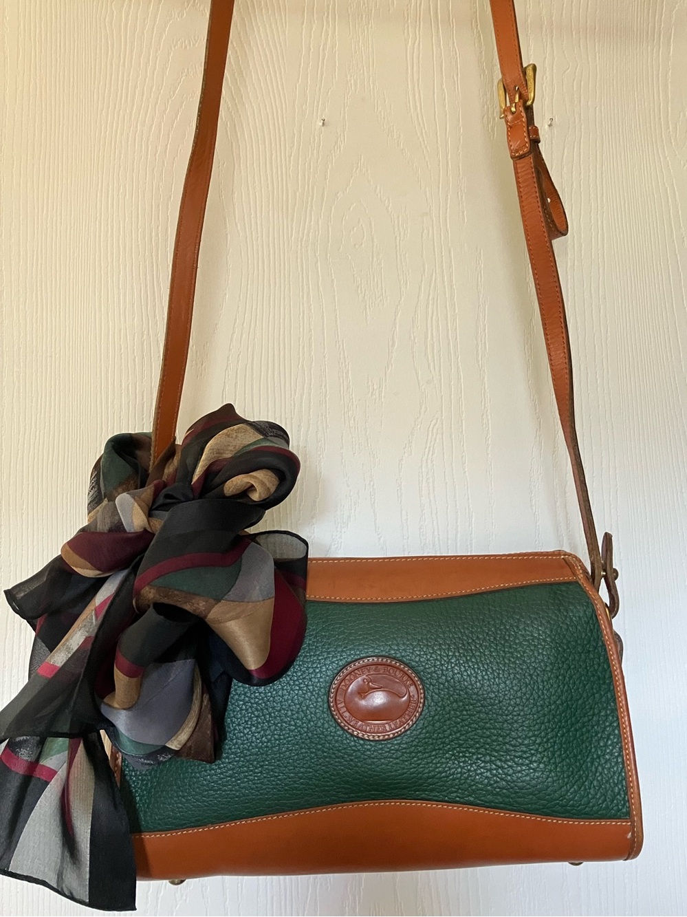 Vintage 1990s Dooney and Bourke Ivy Green and English Tan Crossbody